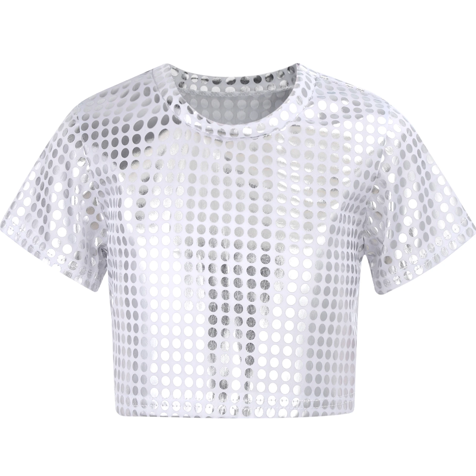 Kids Boys Girls Short Sleeve Tshirts Dancewear Shiny Sequins Dance Crop Top Childrens Summer Tops for Dancing Jazz Dance Costume