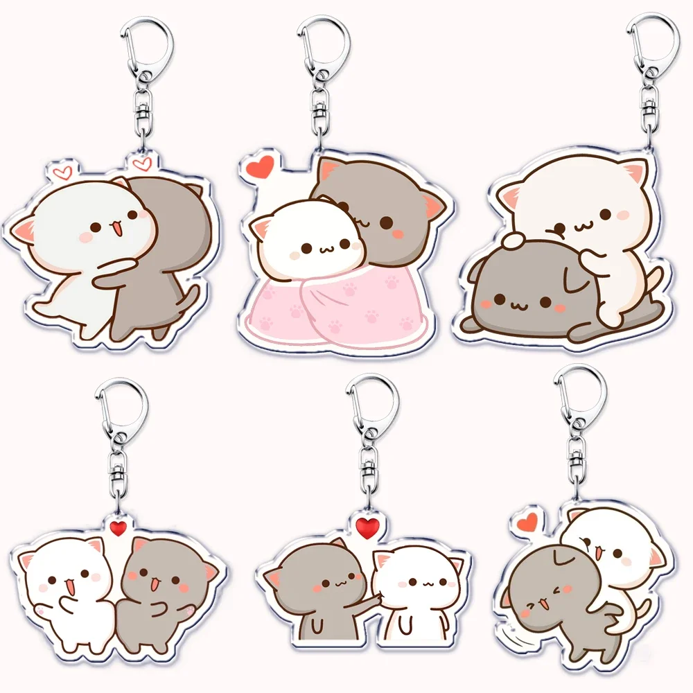 Cute Peach and Goma Cuddling Couple Cat Acrylic Keychains Ring for Accessories Bag Pendant Key Chain Jewelry Fans Lovers Gifts