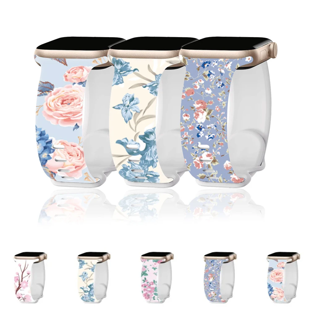 Silicone Strap for Apple Watch Band 49mm 46mm 42mm 45mm 44 41 40mm Flower Printed Bracelet for iWatch 11 10 9 8 7 6 5 4 SE Ultra