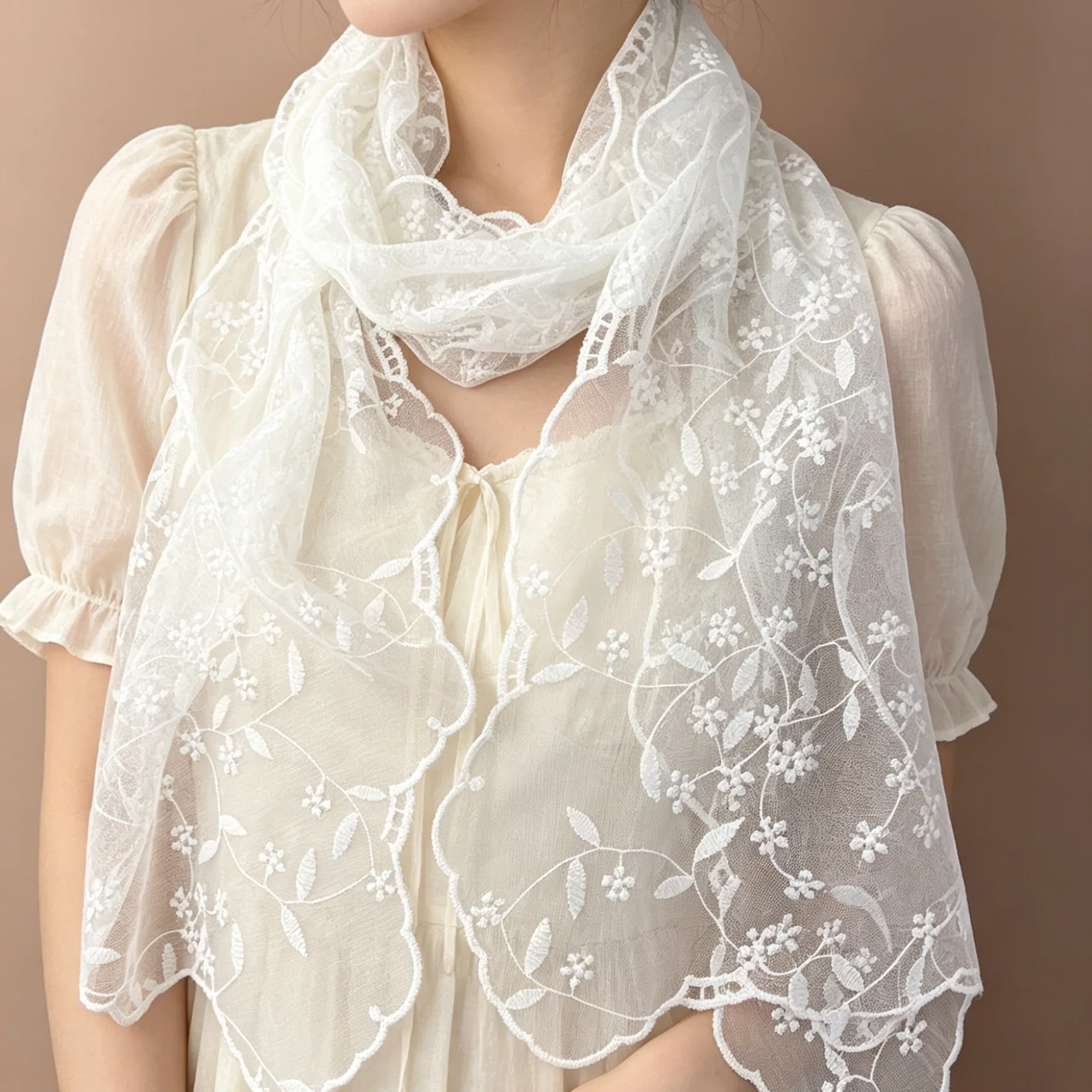 Lace Vine Embroidery Long Scarf for Women Korean Style Hair Band Head Wrap Soft Mesh Tulle Multicolor Standard Size