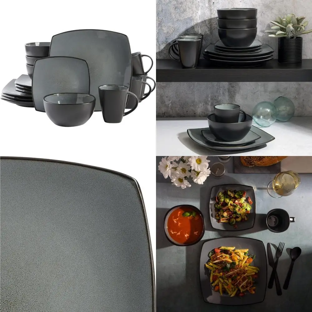 

gibson soho lounge square reactive glaze stoneware dinnerware set, service for 4 (16pc), eclipse