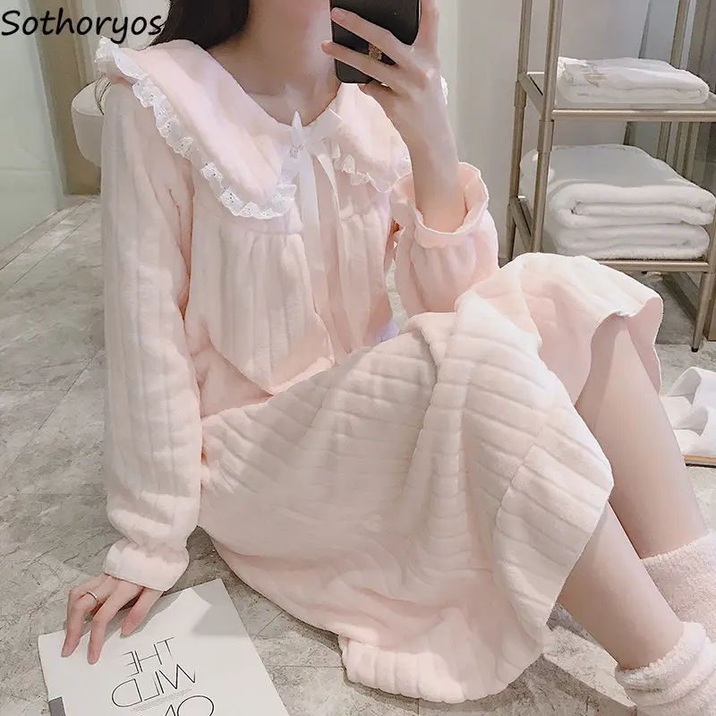 

Winter Nightgowns Women Kawaii Peter Pan Collar Warm Loose Sleepwear Thicken Midi Popular Japan Style Girlish Leisure Nightdress