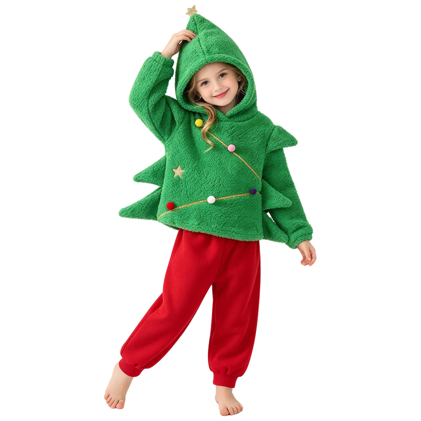 Kids Christmas Tree Costume Fleece Long Sleeve Colorful Pom Pom Hoodie Top with Pants for Holiday Xmas Party Cosplay Dress Up