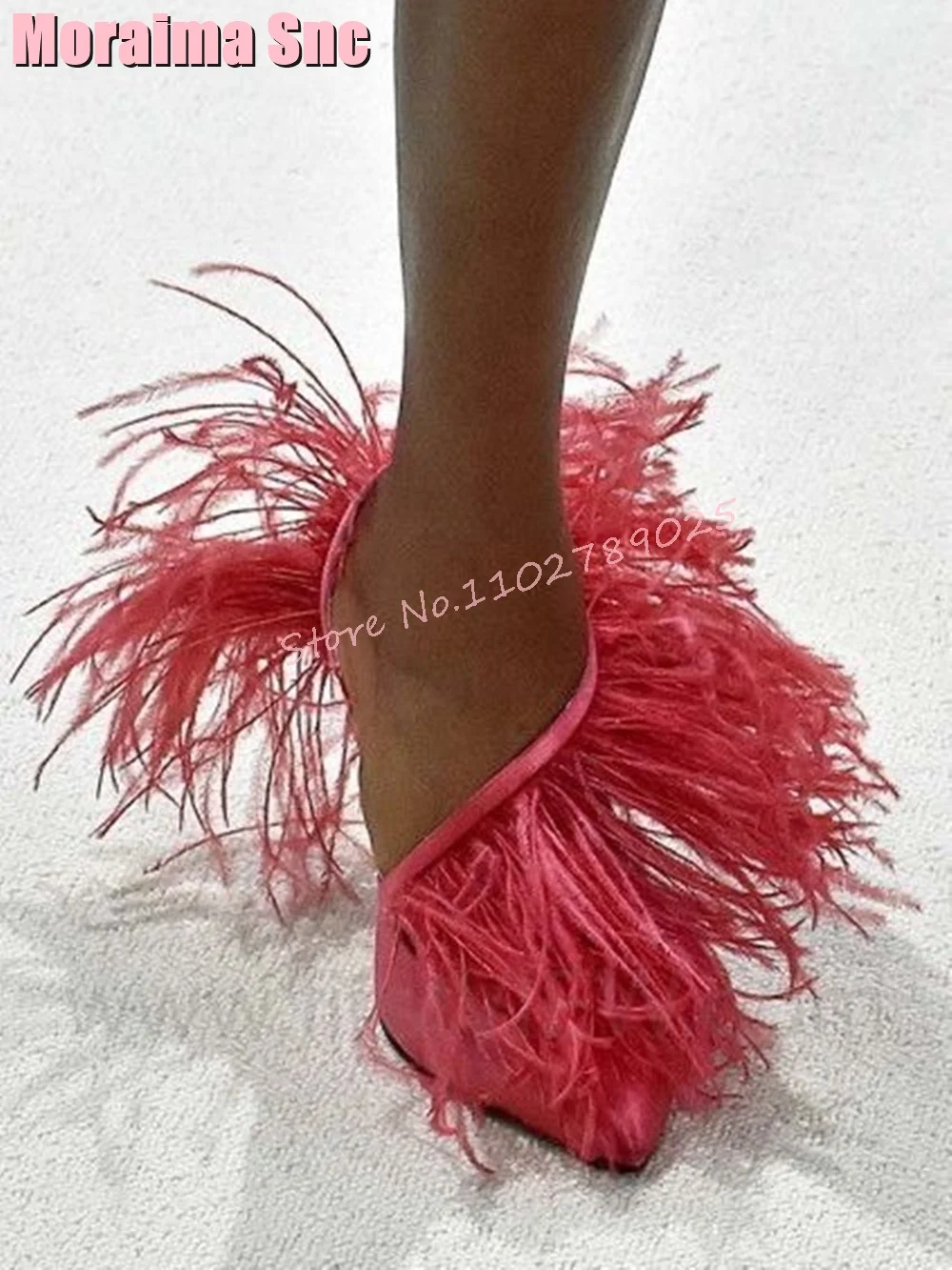 Unique Feather Satin Shallow Sandals Pointed Toe Slip On Back Strap Stiletto High Heels Women Wedding Shoes Summer Fashion 2023