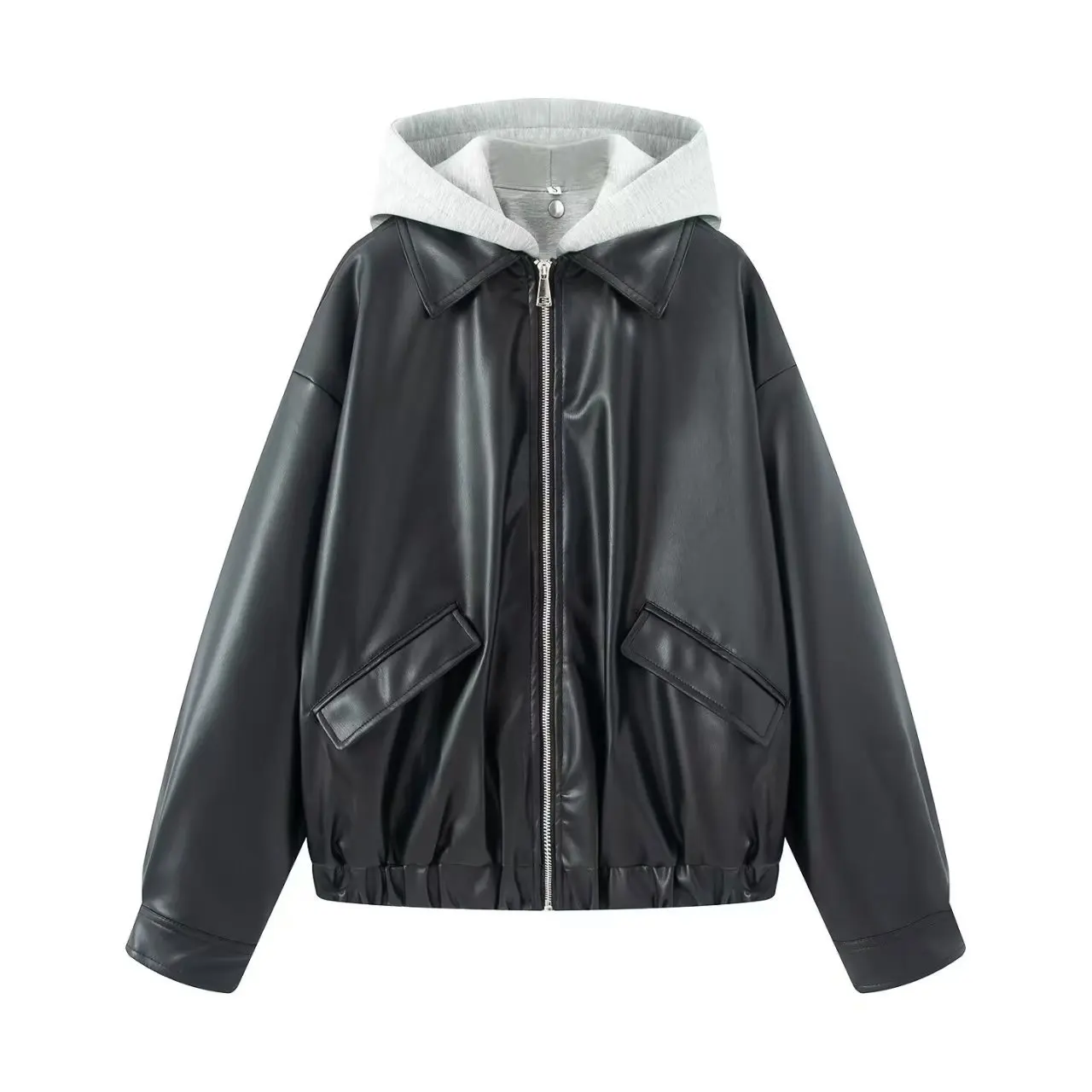 Kurtka skórzana damska na wiosnę KIDCRKJ, z odpinanym kapturem, kieszeniami na zamek, styl bomberka, elegancka odzież wierzchnia w stylu Instagram.