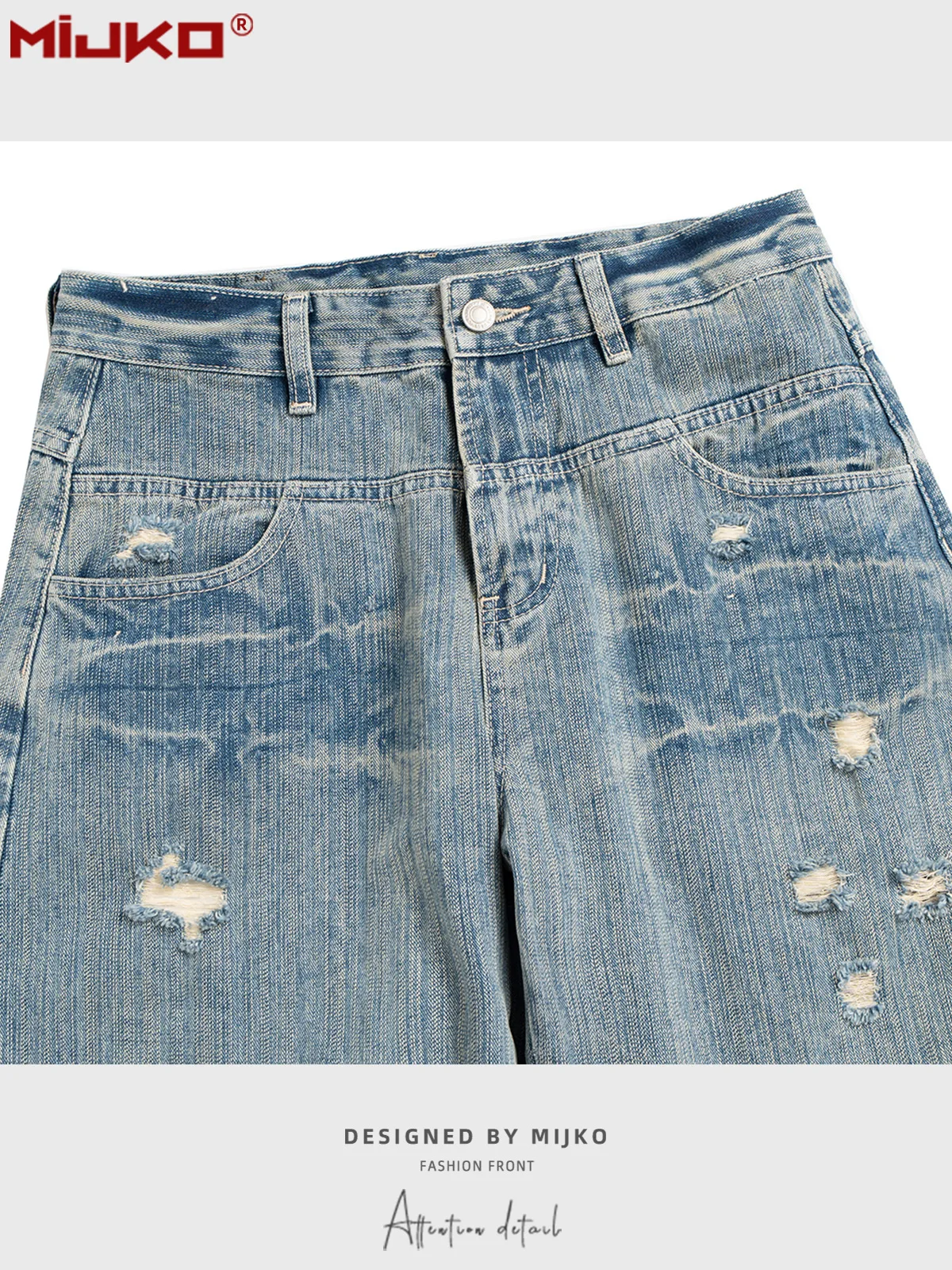 MIJKO بنطال جينز أزرق واسع الساق بفتحات دمعة الحشرات وجيوب مستقيمة G6871 # #6