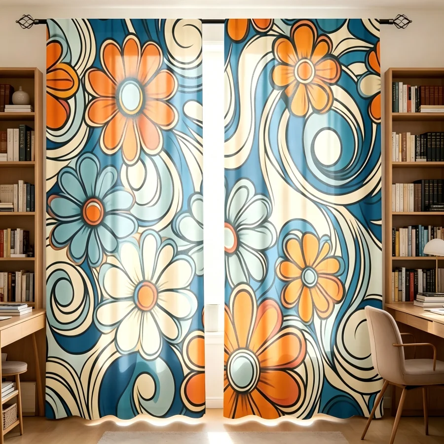 2PCS Digital Print  Curtain, Orange Blue Flower Swirl, Botanical Print Window Drape for Living Room Bedroom Home Decor
