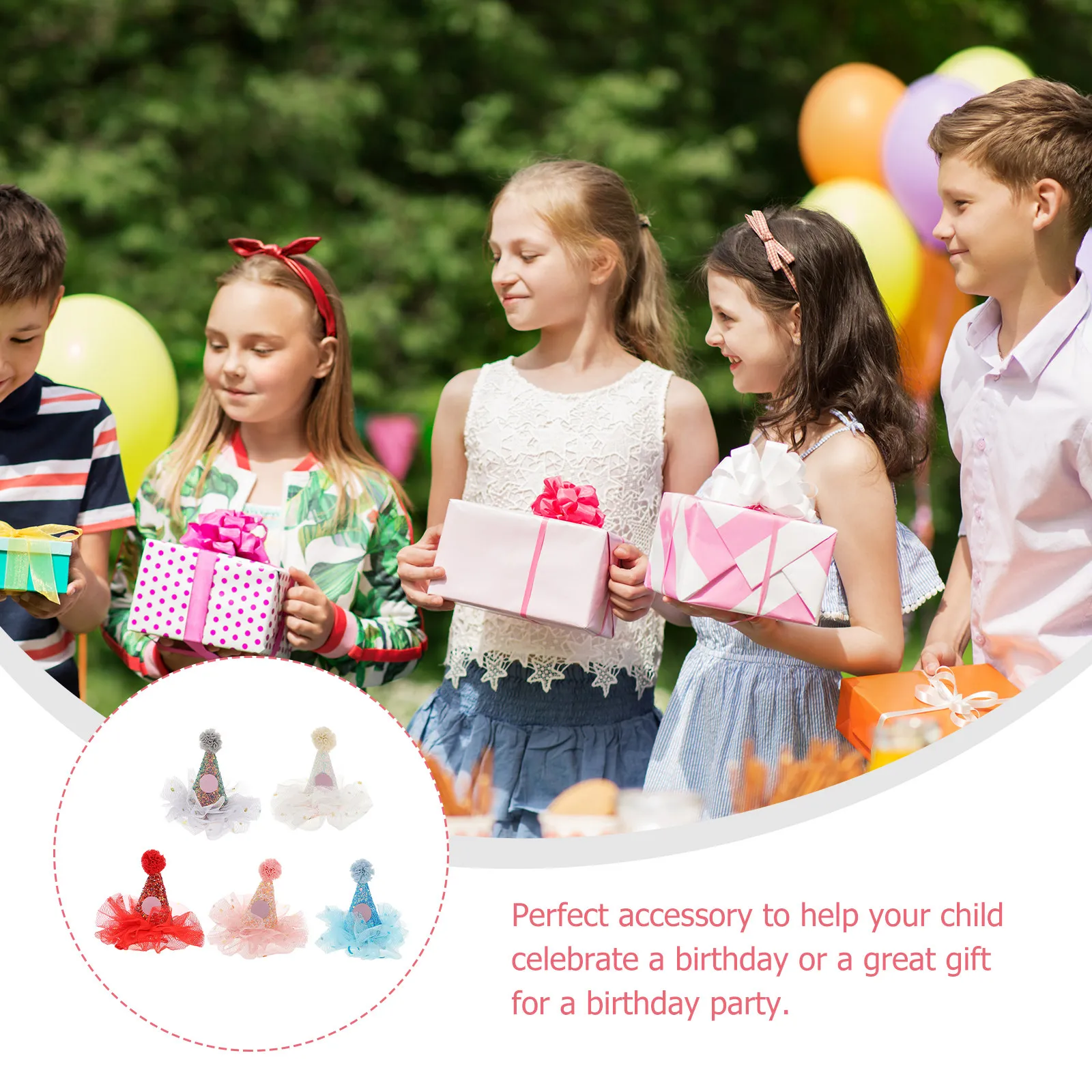 

5Pcs Birthday Hat Hairpin Set Creative Mesh Yarn Clip-on Headdress for Kids Party Decor Safe Lightweight Comfortable Sequin