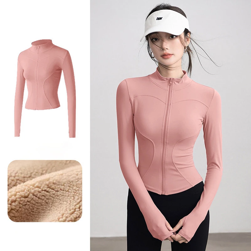 Herbst Winter Warme Kaschmir Sport Jacke Mode Daumen Loch Gym Yoga Kleidung Frau Running Training Zipper Stehkragen Jacken