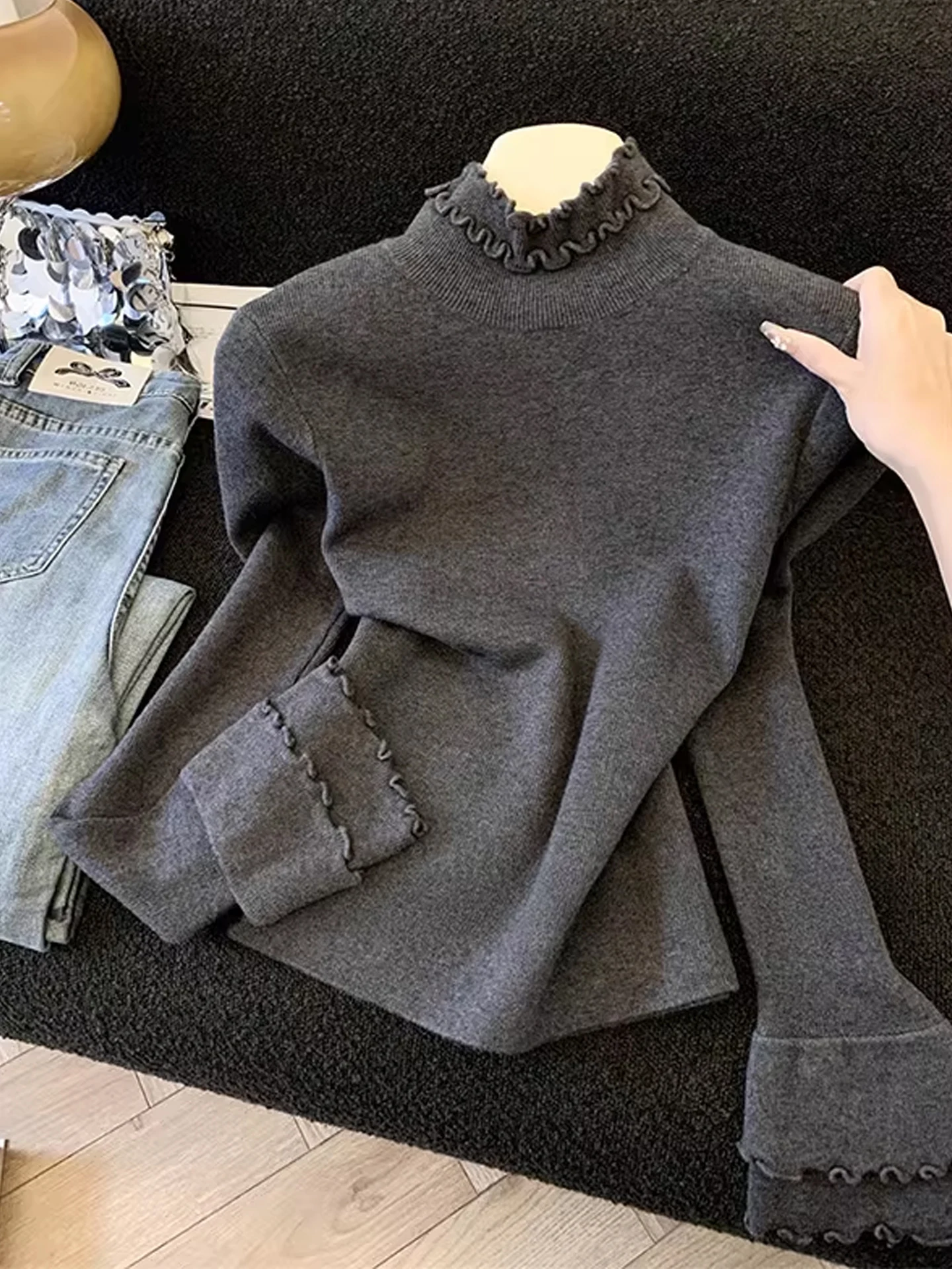 

ay Knitted Base Layer irt Women's High Collar Long Sve Slim Fit Inner Wear Double Layer Wood Ear Autumn Winter Sweater