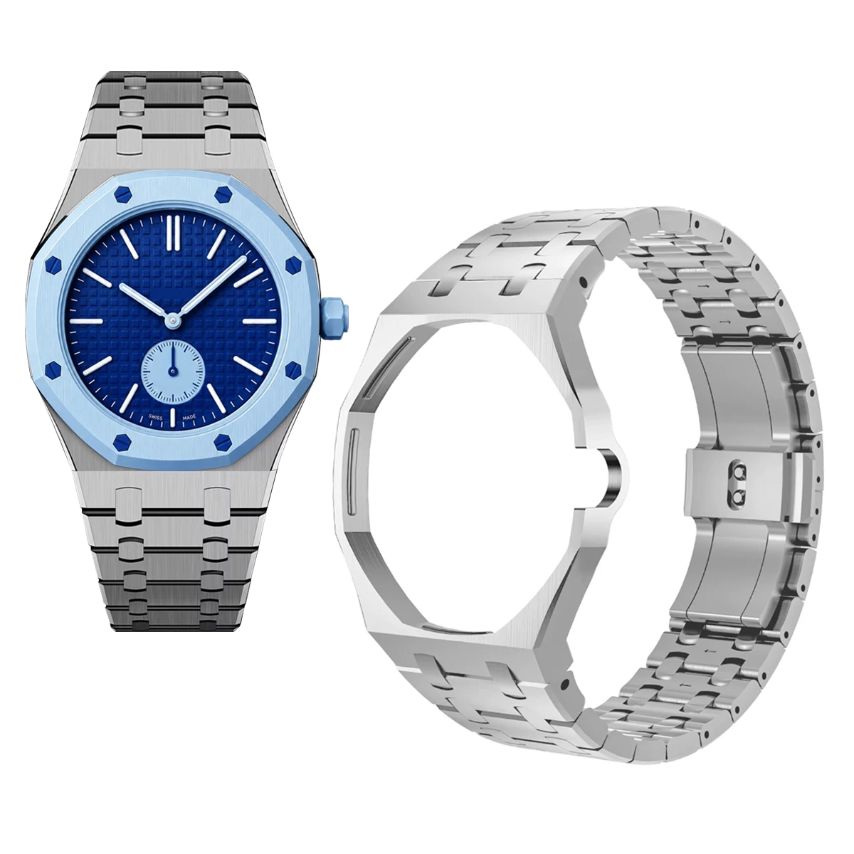 Swatch watch modification with stainless steel case, rubber strap, stainless steel strap, and watch accessories.