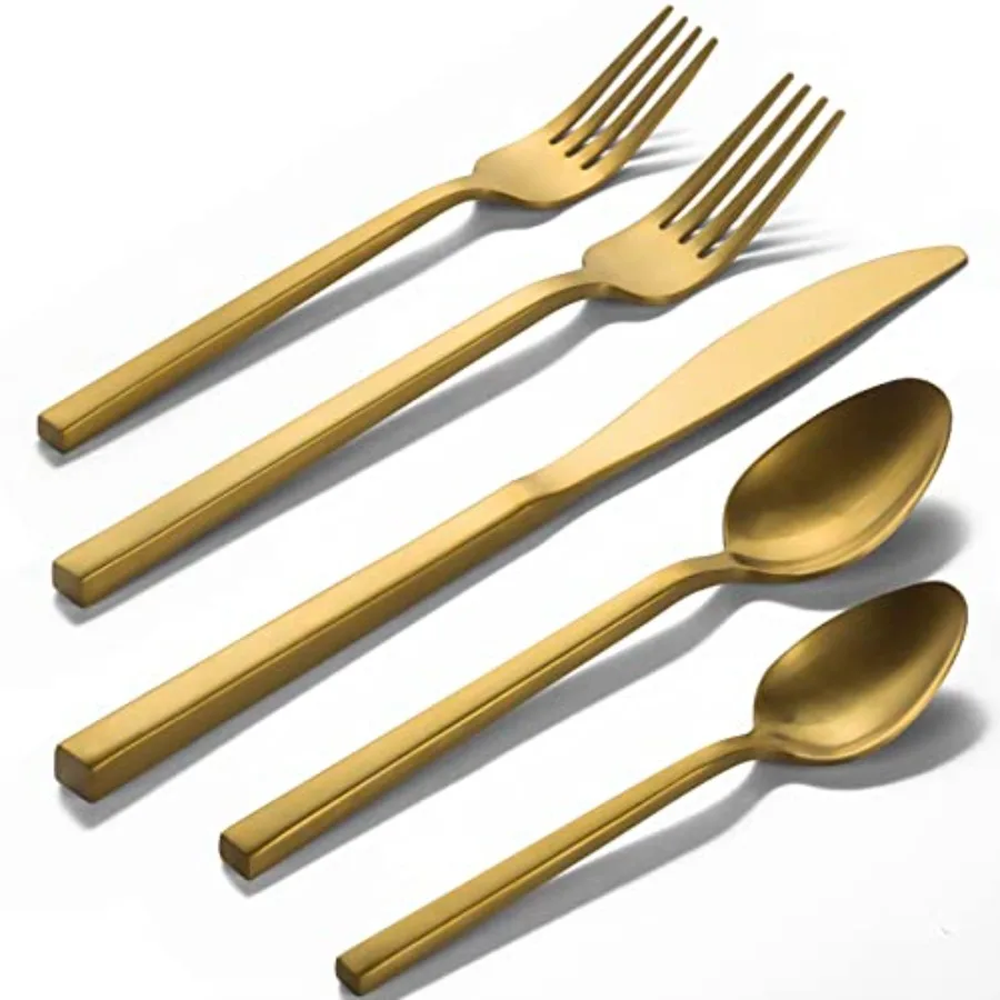 

Cube Gold 20-Piece Flatware Set Forged Cutlery Set Matte Gold Silverware Service for 4 Stainless Steel Tableware with Square Ha