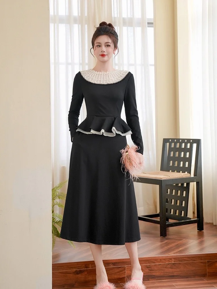 

Осенне-зимняя длинная юбка с жемчужным воротником, стройнящая фигуру, с высокой талией, плиссированная, в винтажном стиле, цветная, для женщин