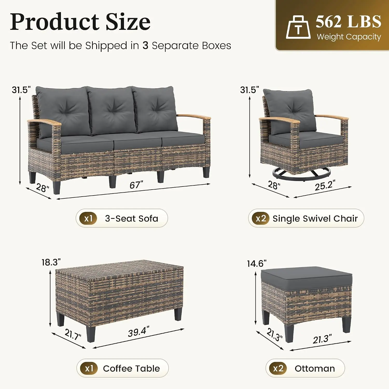 Patio Furniture Set With 360° Swivel Chairs, 6 Pieces Wider Armrests High Back Outdoor Wicker Conversation Set With, Customized