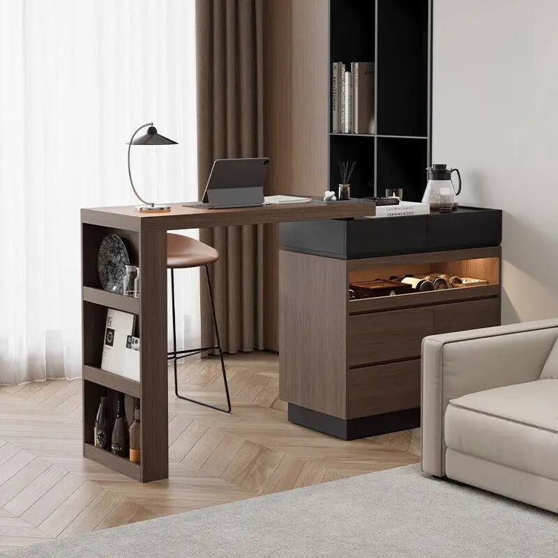 

Movable solid wood tea and wine cabinet retractable bar integrated cabinet with wheels