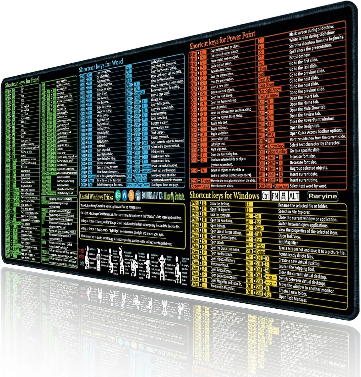 Excel/Word/Power Point/Windows Mouse pad,Non-Slip&Waterproof Large Gaming Office pc Desk mat(XL 31.5 x 11.8 in),Over 200 Keyboard Shortcuts Mousepad
