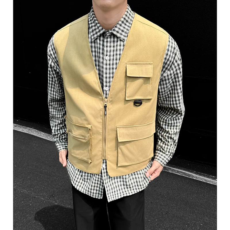 プラスサイズ男性用多ポケットベストジャケットアウトドアタクティカルハイキングフィッシングノースリーブベスト男性用ヴィンテージ通気性ジッパーベスト