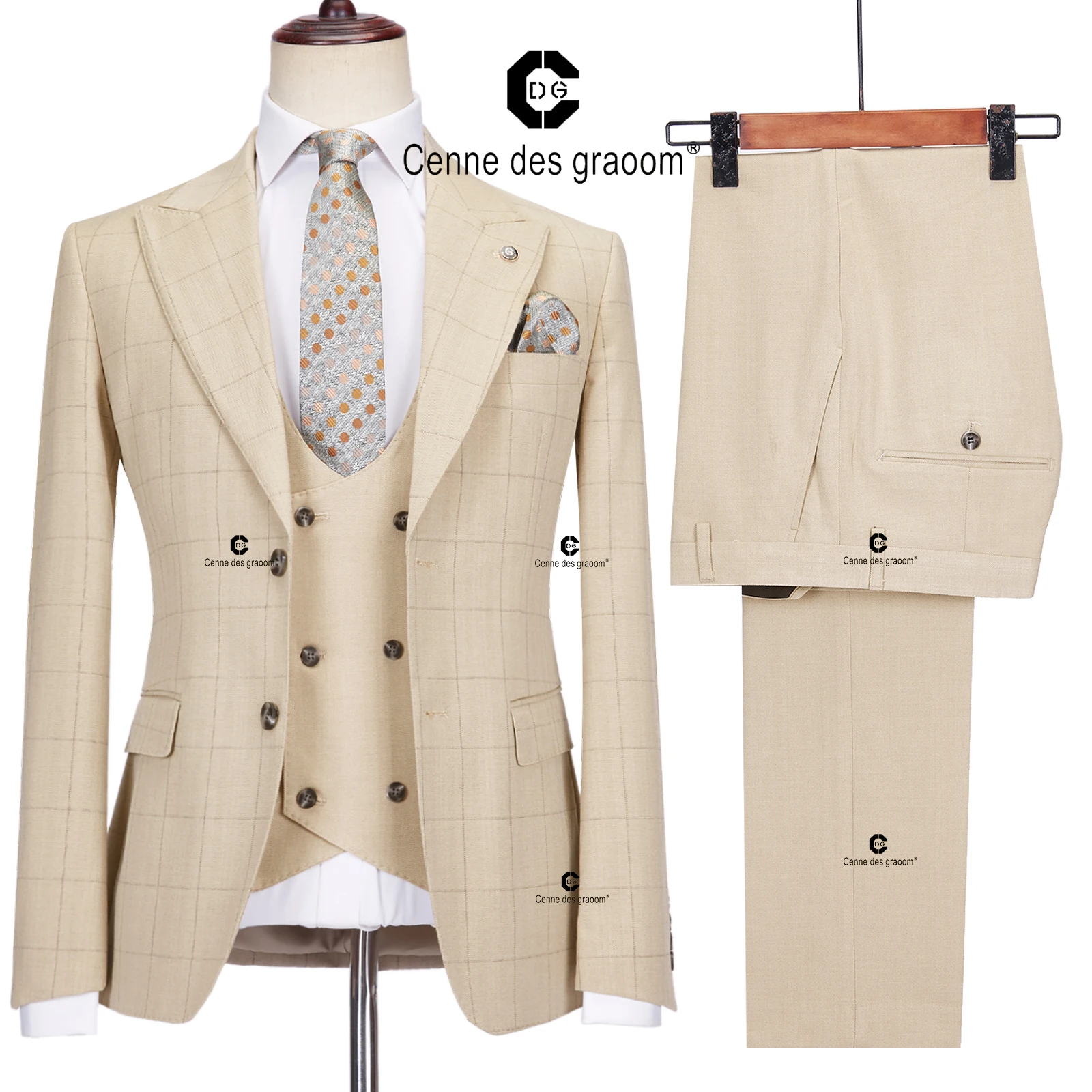 Cenne Des Graoom 2023 Tailor-Made Khaki Suits for Men Slim Fit Jacket Vest Pants 3 Pcs Set Party Groom Business Office Meeting