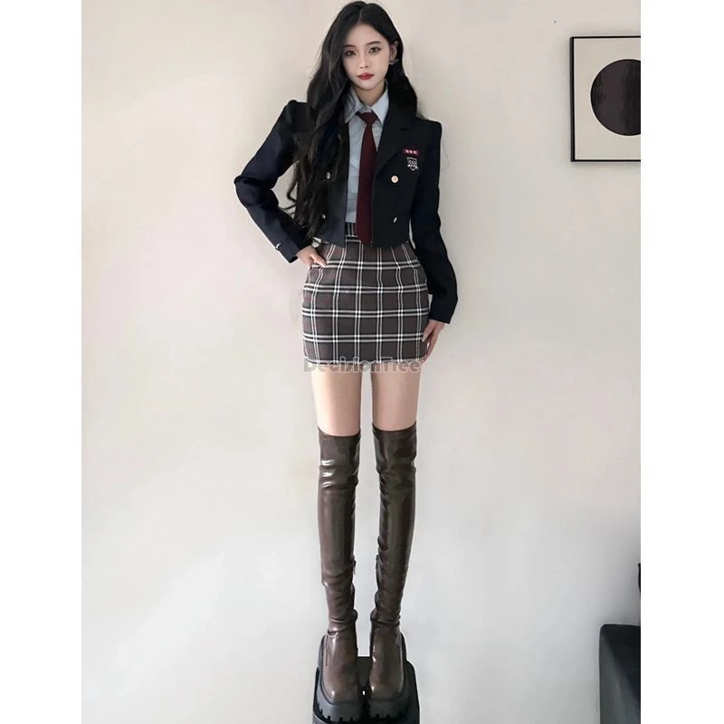 2025 korean spice girls uniform suit women new fall preppy jk uniform short suit jacket shirt plaid skirt fashion jk set b107