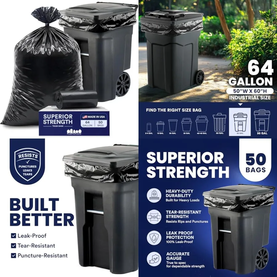 

Black Trash Bags 50 Count Heavy Duty 64-65 Gallon Garbage Bags, Puncture Resistant, Large Trash Can Liners, Ideal for Toter Can
