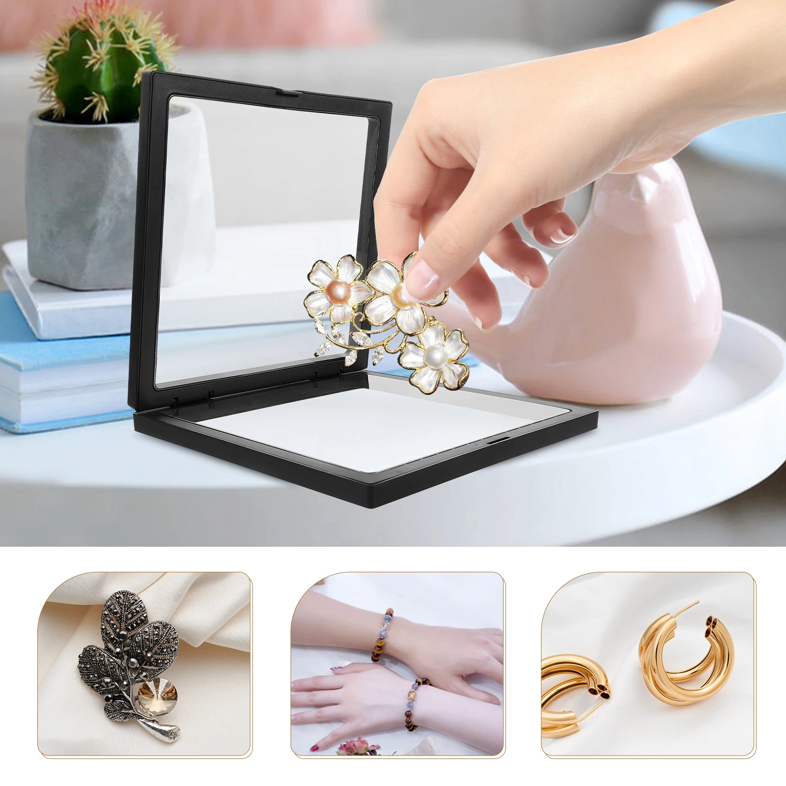 

4pcs 3D Suspension Display Stand 18X18CM PE Film Transparent Jewelry Case Floating Rack for Ring Accessory Storage