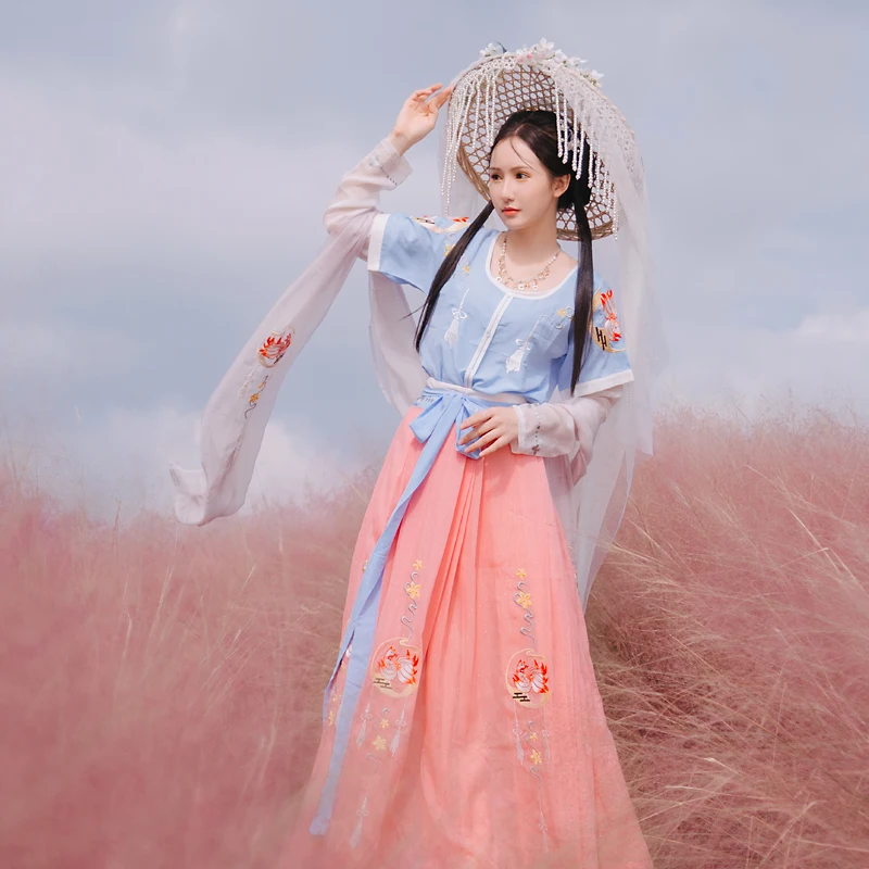 

Original Hanfu Women's Tang Suit Qingqiu Yuehu Moon Embroidered Ruched Skirt Set Spring Autumn Seasonal Traditional Costume