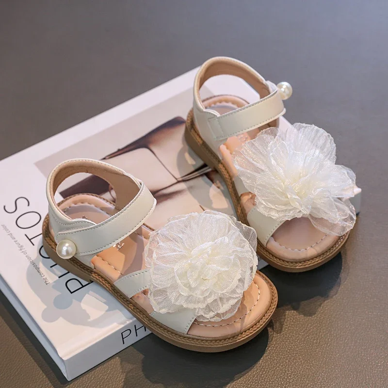 

Summer Chic Girls Princess Sandals for Wedding Party New Lace Flower Children's Flat Shoes Elegant Kids Fashion Causal Sandals