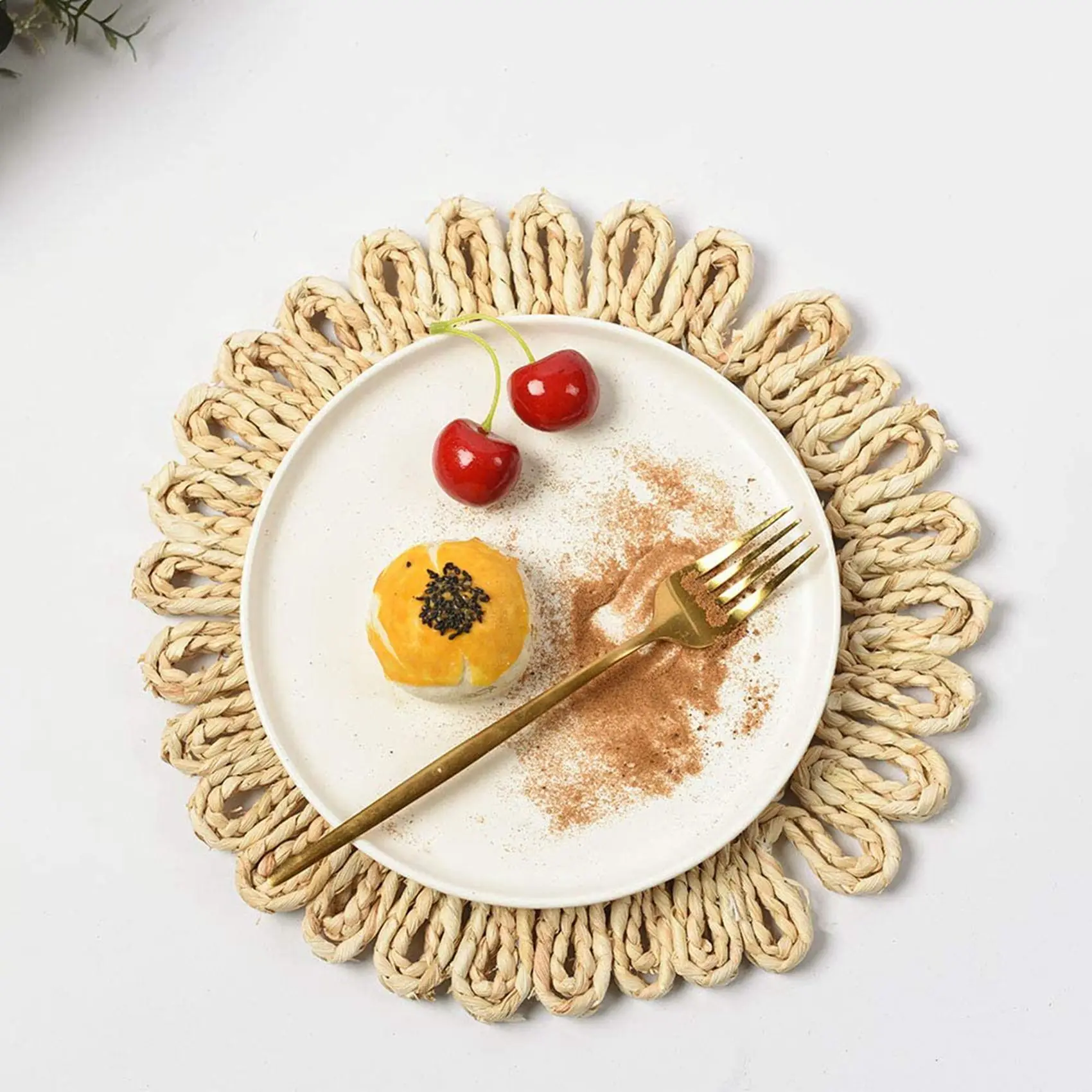 ABKJ-12X Round Woven Placemat For Dining Table,Natural Braided Rattan Tablemat Hollow Wicker Plates