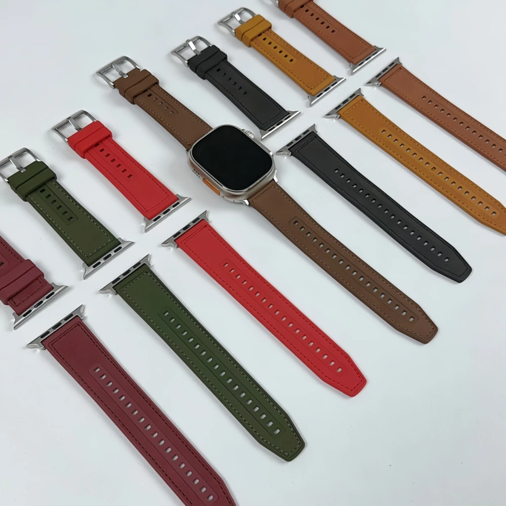 Leather Bands for Apple Watch Strap 45mm 44mm 42mm 41 40 49mm Hybrid Silicone-Lined Bracelets iWatch Ultra SE Series 8/7/6/5/4/3