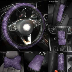 Crystal Purple Diamond Car Steering Wheel Covers Handbrake Gear Cover Seat Belt Shoulder Headrest Pads Auto Interior Accessories