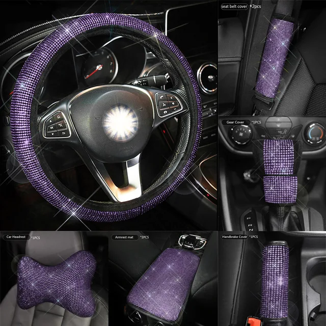 Crystal Purple Diamond Pokrowce na kierownicę samochodową Pokrowiec na hamulec ręczny Pokrowiec na pas bezpieczeństwa Podkładki na zagłówki Automatyczne akcesoria wewnętrzne