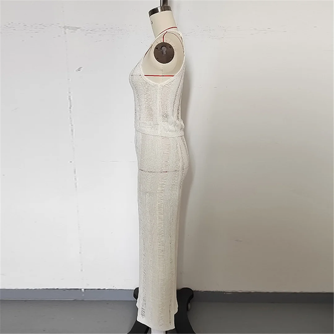Neues, ärmelloses, gehäkeltes, gestricktes zweiteiliges Set, Tunika, Strandkleid, Strandbekleidung, Damenmode V6717 – Detail 17