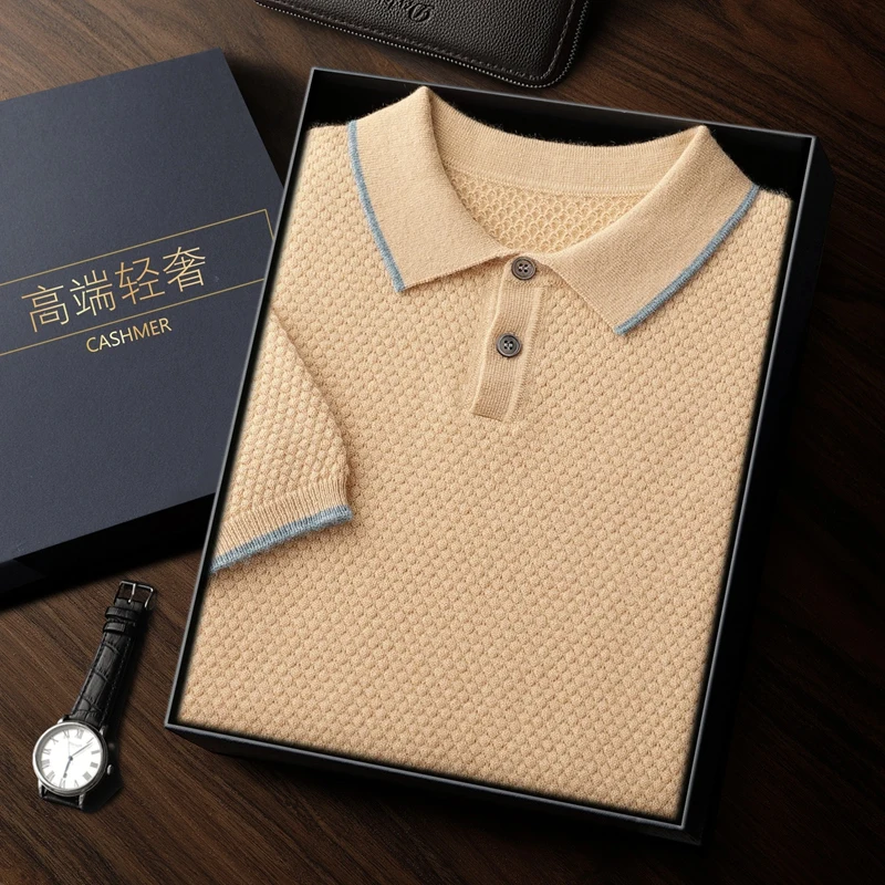 Short-Sleeved Cashmere Sweater Men's Casual Cashmere Simple Half-Sleeved Polo Collar T-Shirt Knitted Sweater High-End Business