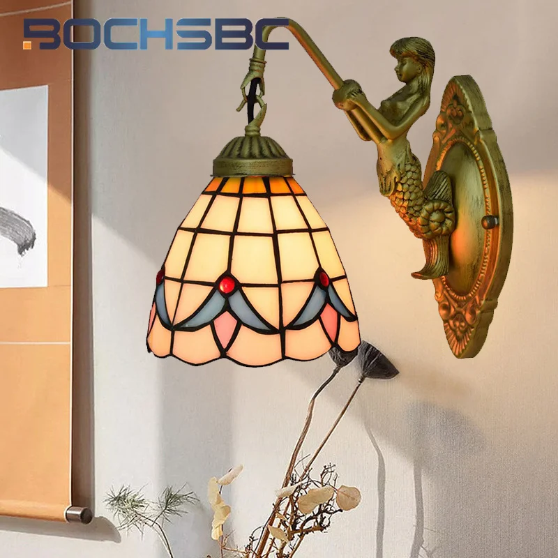 BOCHSBC Tiffany style stained glass retro magnolia swing arm wall lamp Restaurant bedroom bedside wall lamp bar aisle LED decor