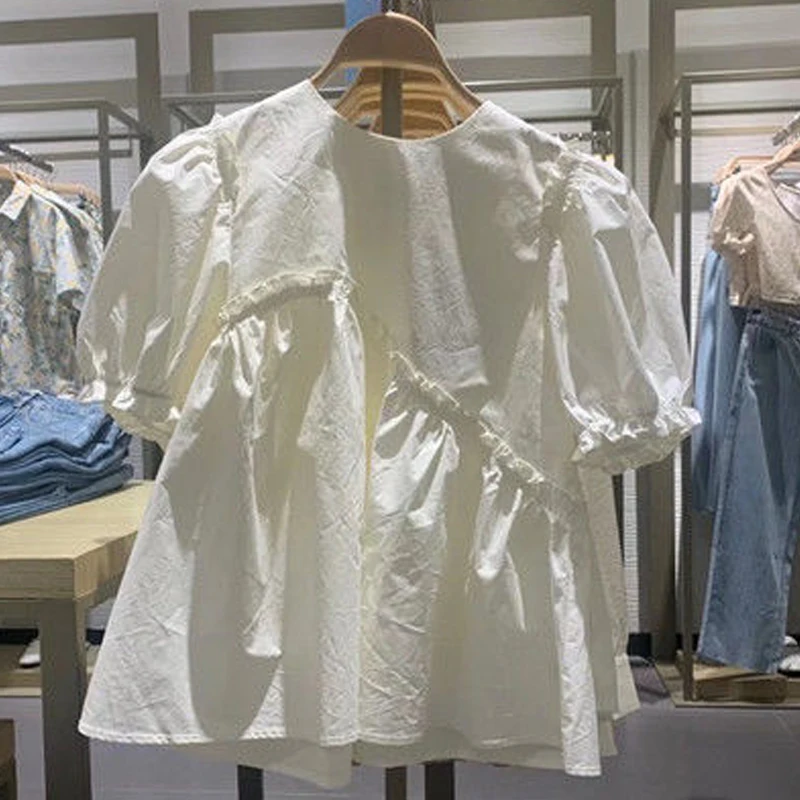 

plus Size 300 Pounds Summer Sweet Style Design Loose Women's Bubble Sleeve Shirt Korean Version round Neck Short Sleeve Thin