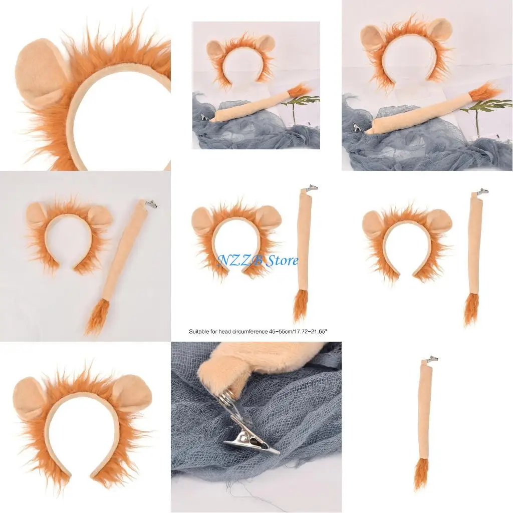 

T21F Kids Animal Costume Lion Ears Headband Tail 2 pcs Set