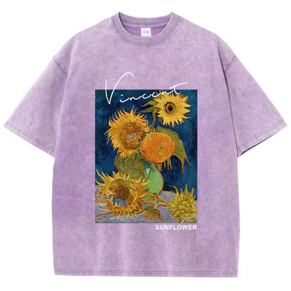 Casual Womens Cotton Washed T-Shirts Van Gogh Sunflower Printing Short Sleeve O-Neck Breathable Soft Tops Fashion Female Clothes