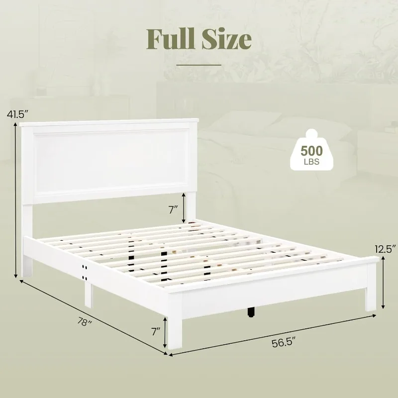 Wood Full Platform Bed Frame with Headboard, Mid Century Solid Legs & Wooden Slat Support, No Box Spring Needed, White