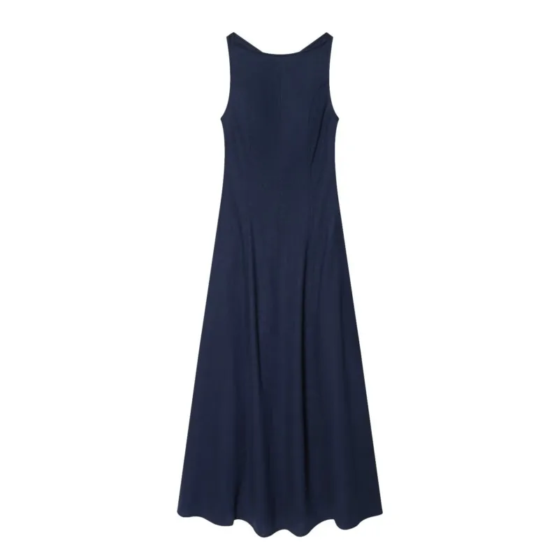with Open Back Casual Flared Hem Sleeveless Solid Women Long Dress Simple Female Chic Dresses Women's Midi Linen Blend Dress
