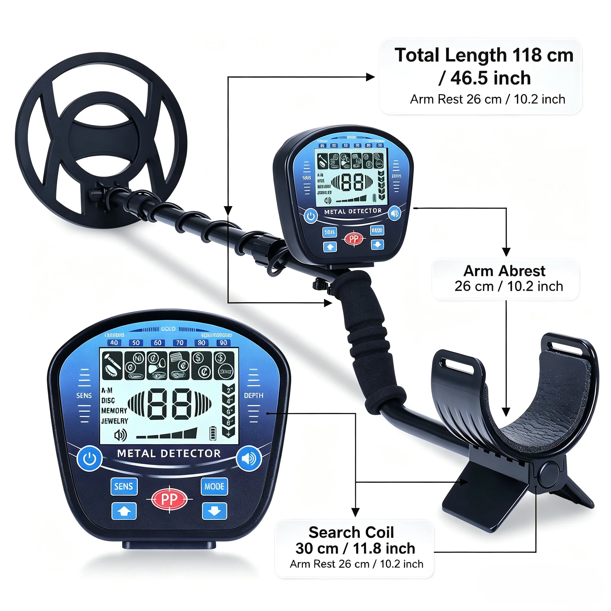 Professional Underground Metal Detector For Adults Waterproof Search Coil High Sensitivity Gold Silver Coin Treasure Hunter Adjustable Length Stem LCD Display Disc Mode Outdoor Beach Garden Archaeological Metal Detecting Equipment
