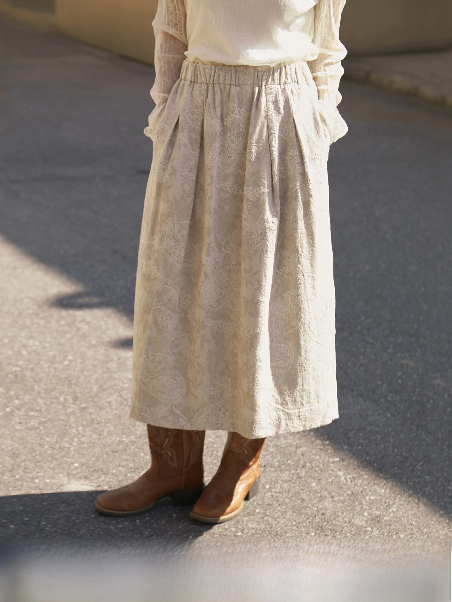 

VIMIE2026 Spring Summer New Retro Heavy Work Paisley Embroidery Pattern Linen Cotton f Skirt Flower Bud Skirt Elastic Waist