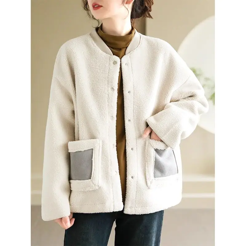 Xiaoxiangfeng Autumn and Winter New Loose Lamb Fur Short Coat Women\'s Thick Fur Integrated Baseball Collar Fur Top