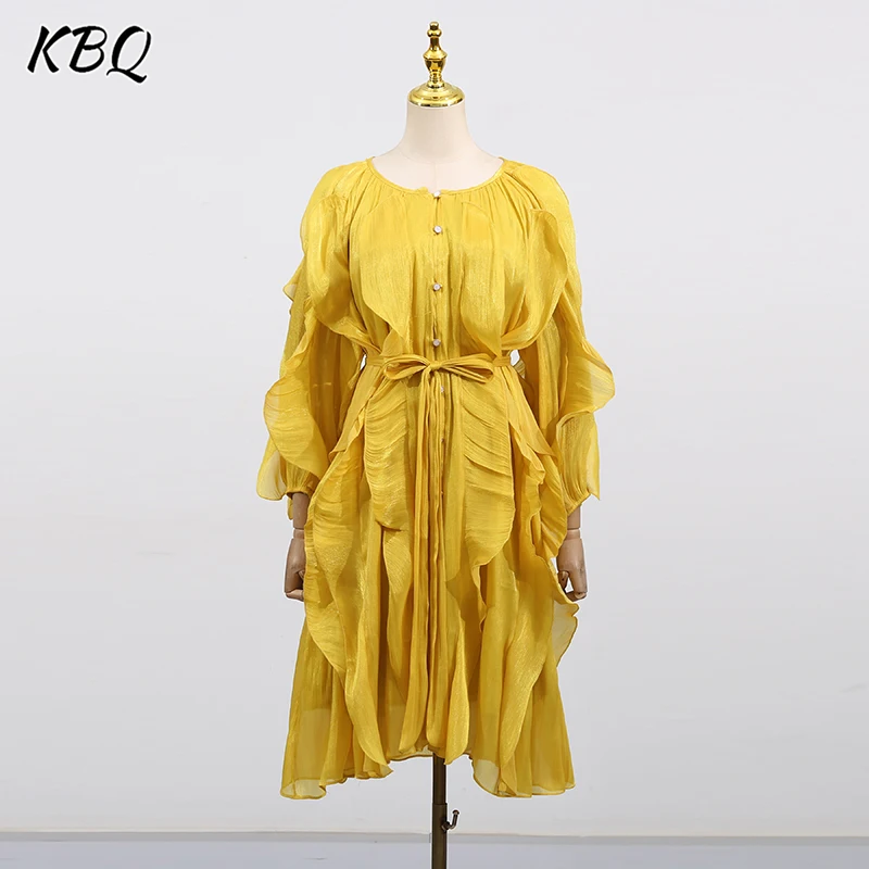 

KBQ Solid Temperament Tunic Dresses for Women Round Neck Long Sleeve Spliced Ruffles Knee Length Dress Female Summer Clothes New