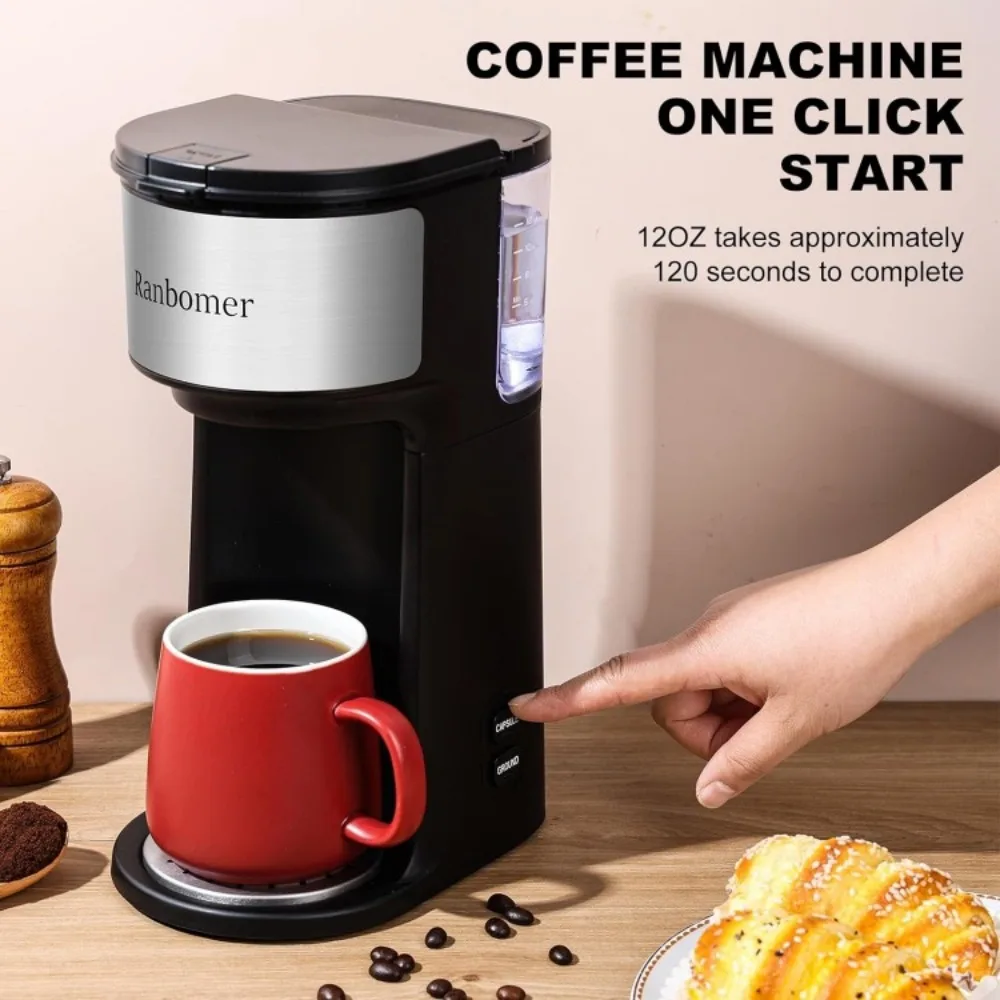 Single Serve Coffee Maker, K Cup and Ground Coffee Machine 2 in 1, 6 to 14 Oz Brew Sizes, Mini One Cup Coffee Maker，Black