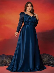 XUIBOL Plus Size Elegant V-neck Satin Blue Evening Dress Women Long sleeve Sequin Party Prom Floor Lenght Cocktail Dresses
