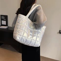 Women Girls Padding Tote Bag Large Capacity Cloud Bubble Bag Zipper Closure Solid Color Bag Gloss Surface for Shopping Traveling