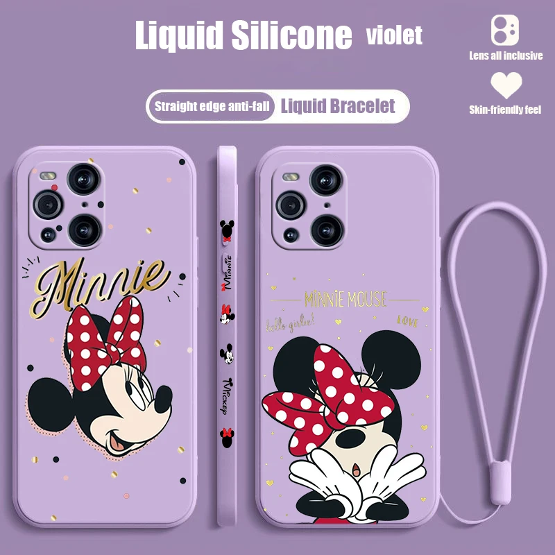 Cute Cartoon Red Minnie For OPPO Find X6 X5 X3 X2 Pro Lite Liquid Left Rope Silicone Cover Phone Case