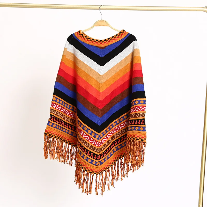 Peruvian National Style Fashion Tassel Travel Coat Shawl Cloak Women's Autumn Winter Warm Cover Lady Ponchos Capes Pink