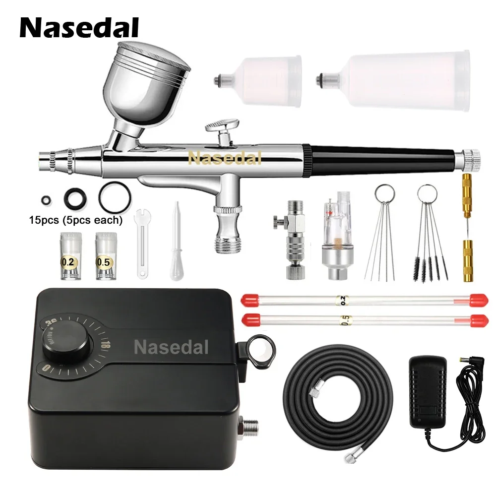 Nasedal Airbrush Auto-stop Compressor Kit Dual-Action Spray Gun 0.3mm Airbrush Kit for Nail Art Model Cake Car Painting NT-56B