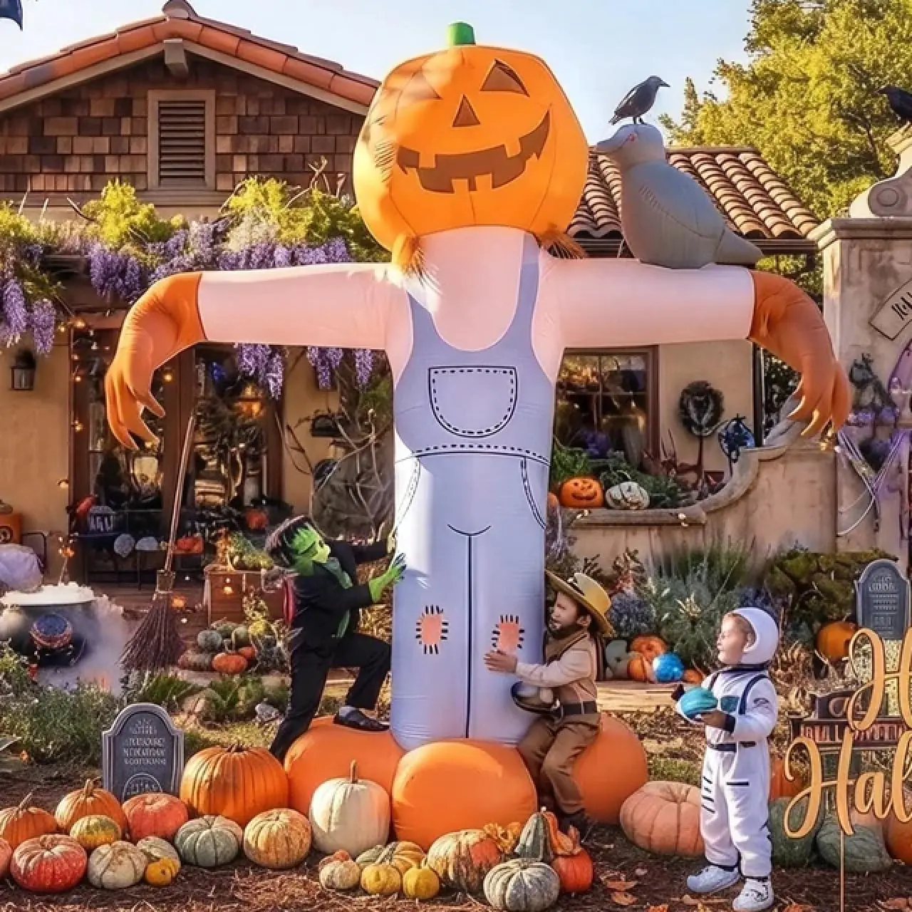 12FT Halloween Inflatable Giant Pumpkin Scarecrow with Black Crow, Blow Up Evil Monster in Overalls for Family Yard Lawn